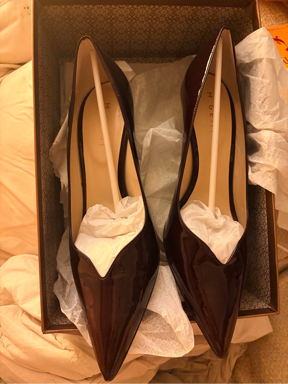 * M. Gemi Revista Pointed-Toe Patent Stiletto Dark Brown EU 40.5 = US 9.5 *